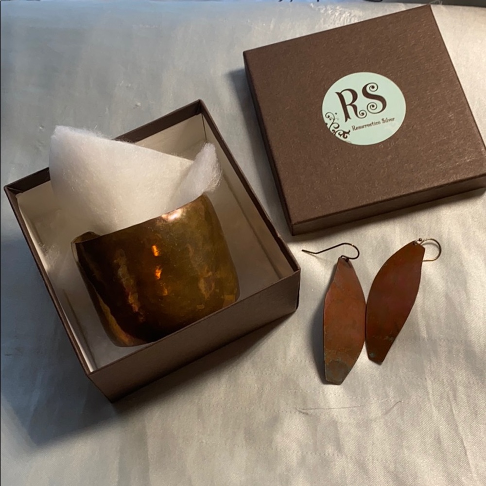 Handmade copper cuff bracelet and earrings